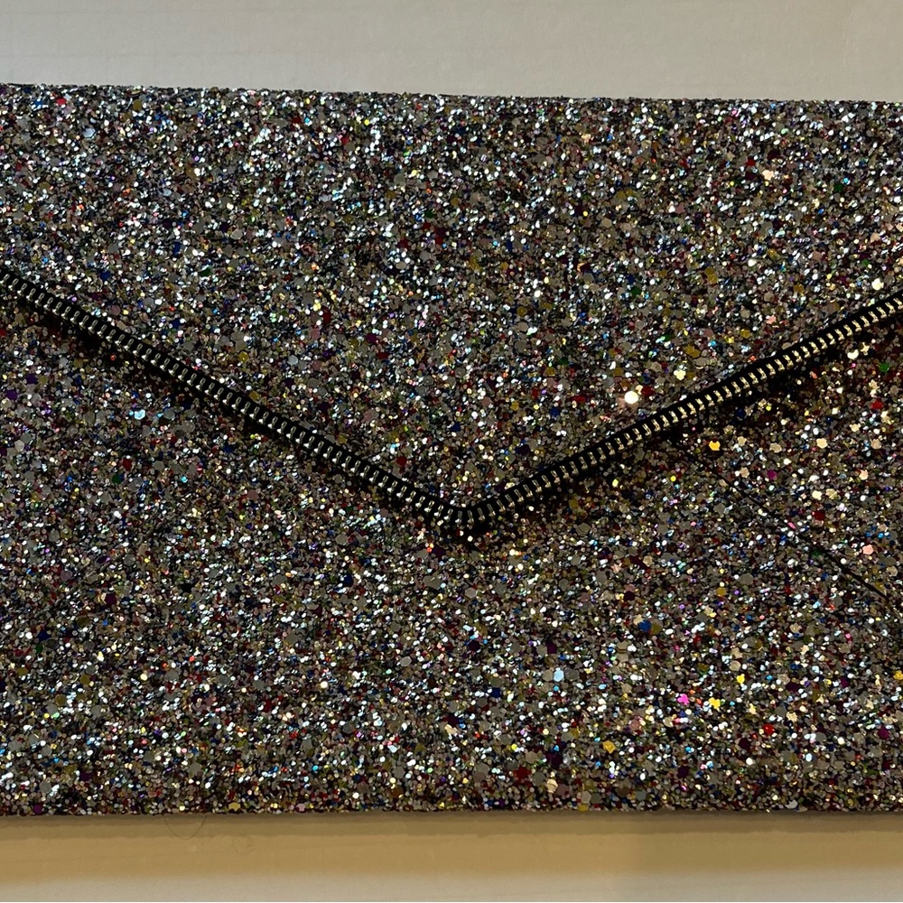 REBECCA MINKOFF Glitter Leo Envelope Clutch Bag Silver Multi